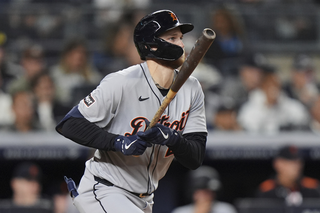 Detroit Tigers' Parker Meadows hits an RBI single during the seventh inning of a baseball game against the New York Yankees Tuesday, Sept. 9, 2025, in New York. (AP Photo/Frank Franklin II)
