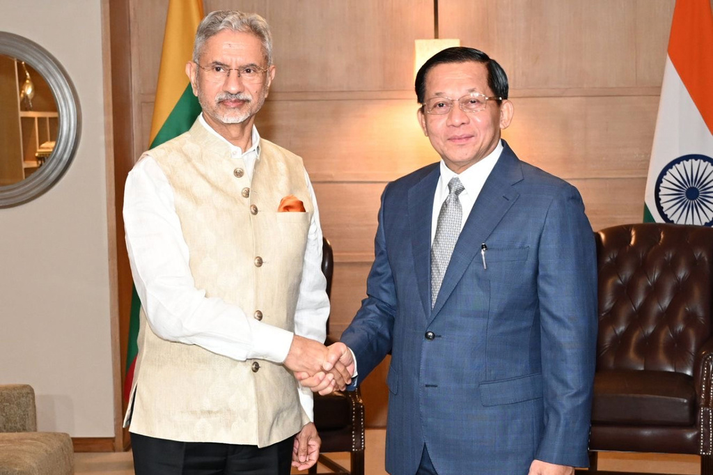 In this photo provided by Myanmar Military True News Information Team on Saturday, May 30, 2026, Myanmar President Min Aung Hlaing, right, shakes hands with Indian External Affairs Minister Subrahmanyam Jaishankar, left, during their meeting in New Deli, India on May 30. (Myanmar Military True News Information Team via AP)