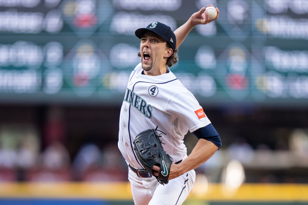 Seattle Mariners starter Logan Gilbert delivers a pitch during the second inning of a baseball game against the New York Mets, Tuesday, June 2, 2026, in Seattle. (AP Photo/Stephen Brashear)