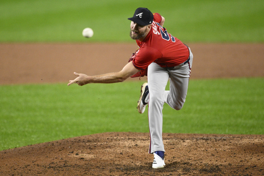 Atlanta Braves starting pitcher Chris Sale throws during the second inning of the second baseball game of a doubleheader against the Washington Nationals, Tuesday, Sept. 16, 2025, in Washington. (AP Photo/Nick Wass)