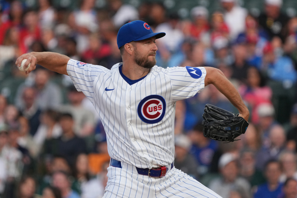 Chicago Cubs pitcher Colin Rea throws the ball against the Athletics during the first inning in a baseball game Wednesday, June 3, 2026, in Chicago. (AP Photo/David Banks)