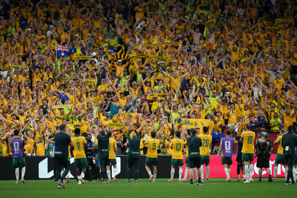 Australia players salute the crowd after the World Cup Group D soccer match between Australia and Turkey in Vancouver, Canada, Saturday, June 13, 2026. (Darryl Dyck/The Canadian Press via AP)