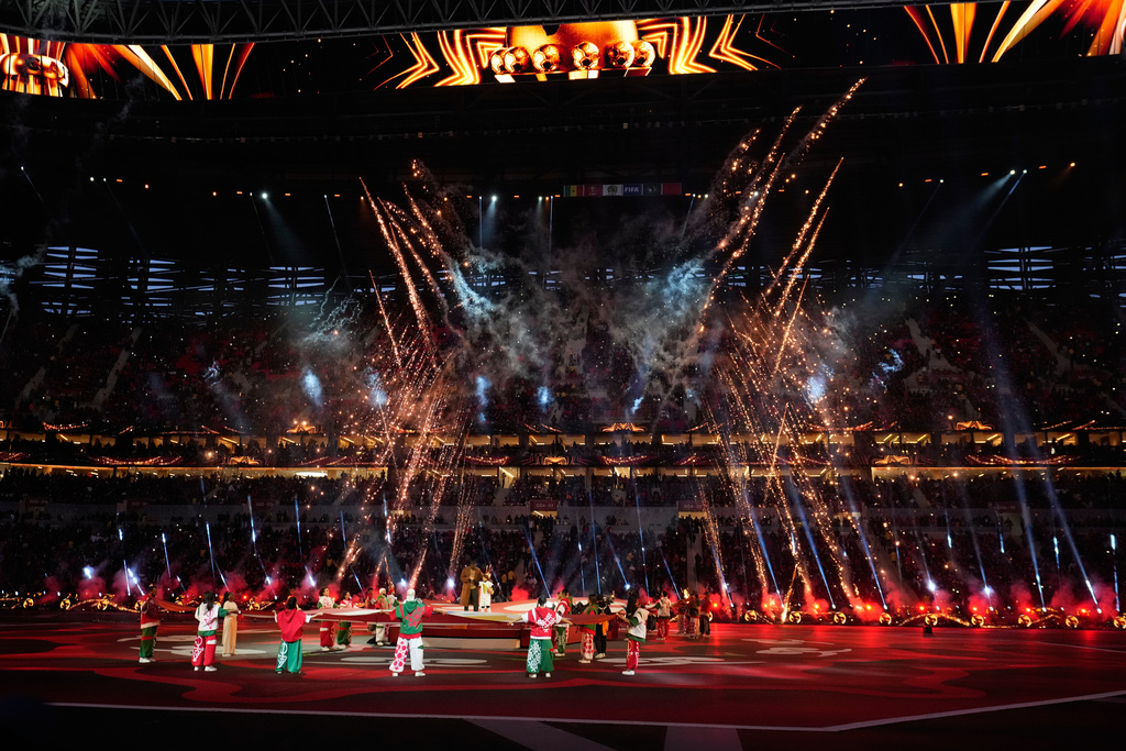 A general view of the closing ceremony ahead of the Africa Cup of Nations final soccer match between Senegal and Morocco, in Rabat, Morocco, Sunday, Jan. 18, 2026. (AP Photo/Mosa'ab Elshamy)