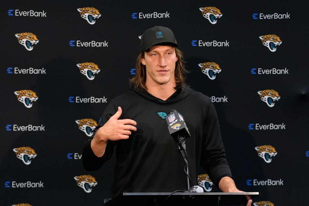 Jacksonville Jaguars quarterback Trevor Lawrence speaks to the media after an NFL football game against the Kansas City Chiefs, Monday, Oct. 6, 2025, in Jacksonville, Fla. (AP Photo/John Raoux)