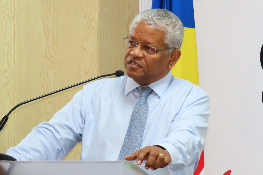 Seychelle's incumbent President Wavel Ramkalawan gives a speech conceding defeat in the runoff presidential election at the Electoral Commission Headquarters in Victoria, Seychelles, Sunday, Oct. 12, 2025. (AP Photo/Emilie Chetty)