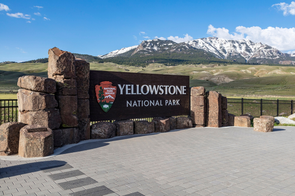FILE - This photo provided by the National Park Service shows a sign marking the north entrance of Yellowstone National Park, May 7, 2018. (Jacob W. Frank/National Park Service via AP, File)
