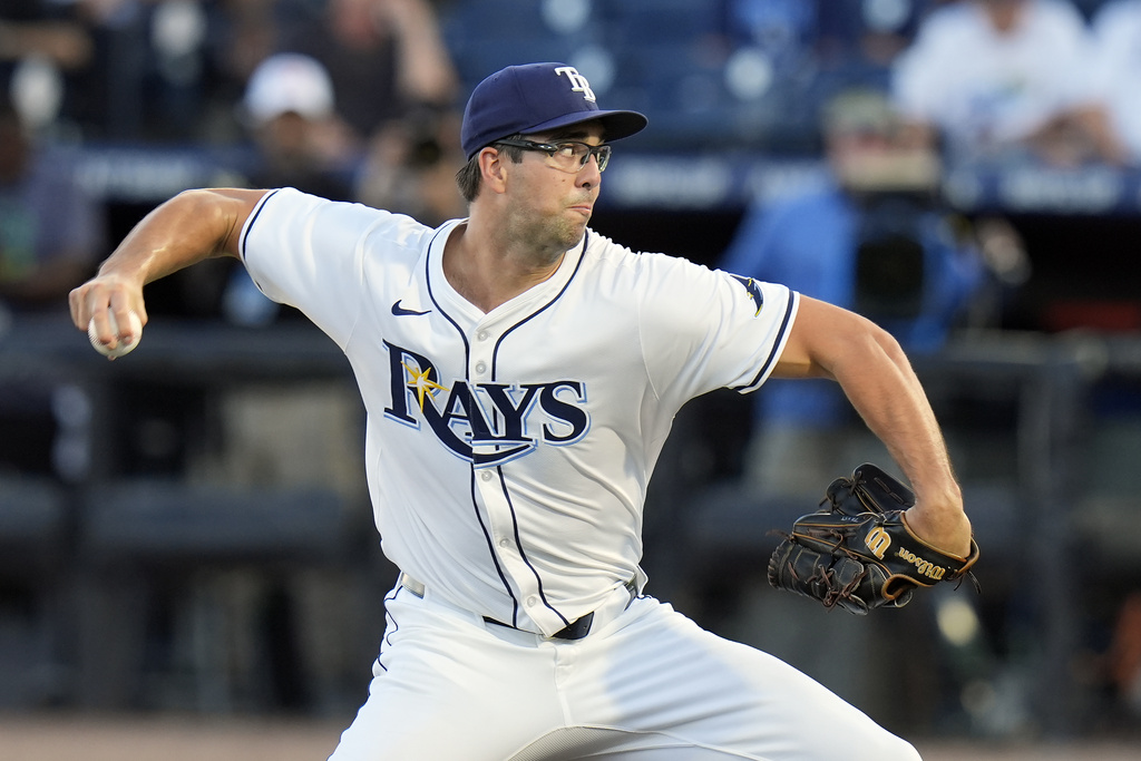 Tampa Bay Rays pitcher Joe Boyle delivers to the St. Louis Cardinals during the first inning of a baseball game Thursday, Aug. 21, 2025, in Tampa, Fla. (AP Photo/Chris O'Meara)