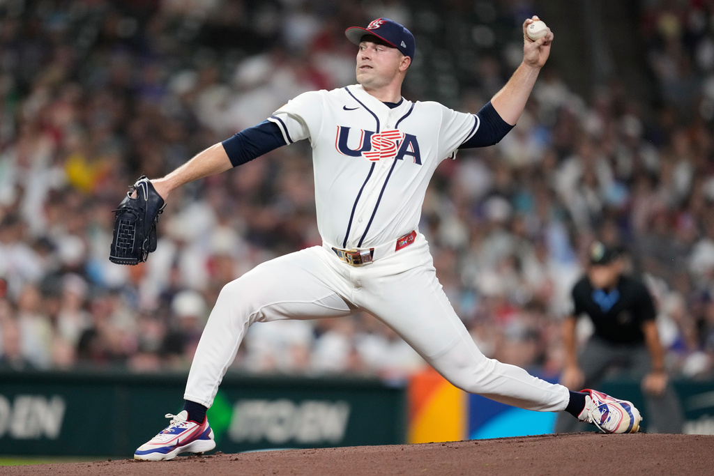 United States starting pitcher Tarik Skubal throws during the first inning of a World Baseball Classic game against Britain, Saturday, March 7, 2026, in Houston. (AP Photo/Ashley Landis)