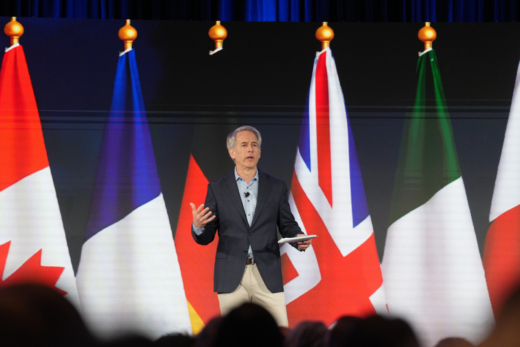 Matt Bennett of Third Way speaks during the "Winning the Middle" conference Monday, March 2, 2026, in Charleston, S.C. (AP Photo/Meg Kinnard)