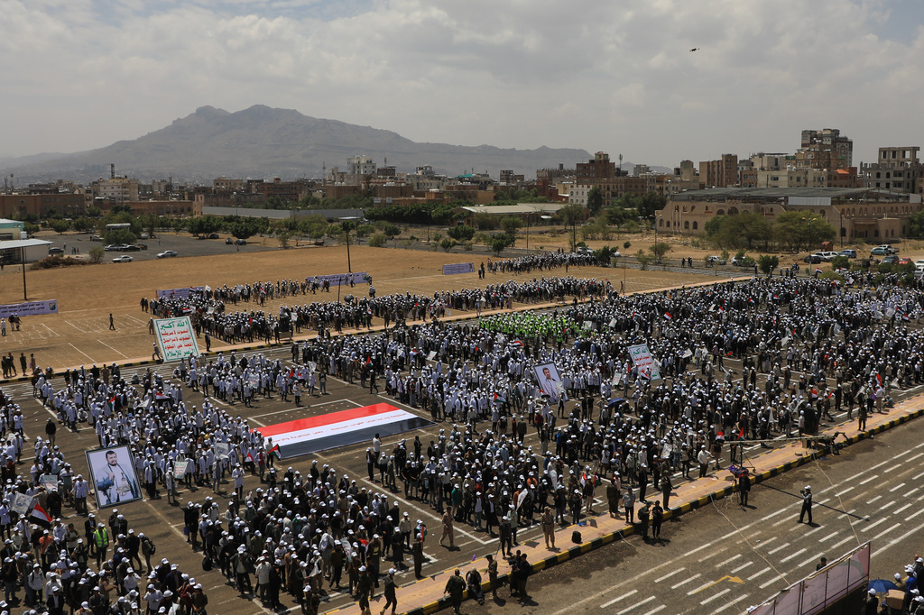 Demonstrators attend a rally against the Saudi-led coalition in Sanaa, Yemen, Wednesday, July 22, 2026. (AP Photo/Osamah Abdulrahman)