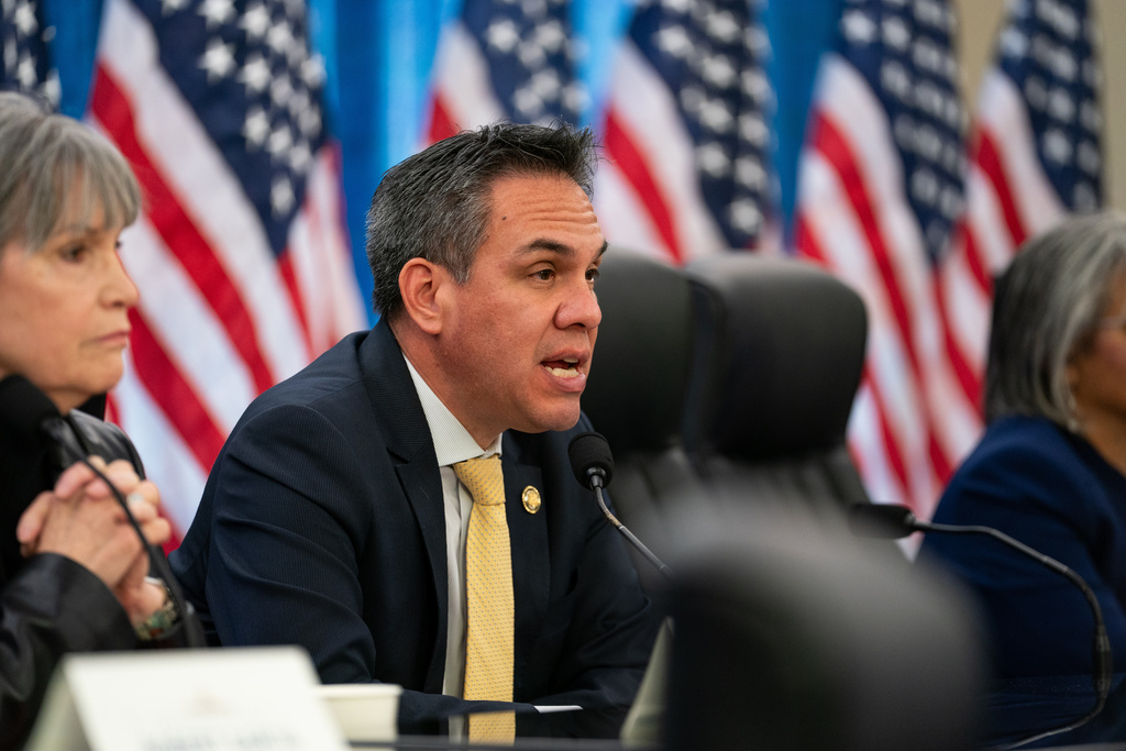 Rep. Pete Aguilar, D-Calif., speaks at a Democratic Steering and Policy Committee hearing on Immigration and Customs Enforcement at the Capitol, Thursday, Feb. 12, 2026, in Washington. (AP Photo/Allison Robbert)