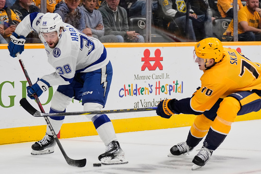Tampa Bay Lightning left wing Brandon Hagel (38) passes the puck around Nashville Predators defenseman Brady Skjei (76) during the first period of an NHL hockey game Tuesday, Oct. 28, 2025, in Nashville, Tenn. (AP Photo/George Walker IV) Tampa Bay Lightning left wing Brandon Hagel (38) passes the puck around Nashville Predators defenseman Brady Skjei (76) during the first period of an NHL hockey game Tuesday, Oct. 28, 2025, in Nashville, Tenn. (AP Photo/George Walker IV)