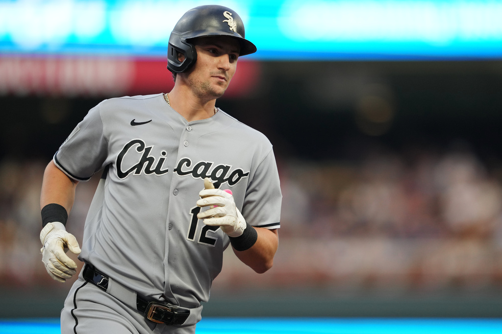 Chicago White Sox's Colson Montgomery runs the bases after hitting a home run during the first inning of a baseball game against the Minnesota Twins, Friday, Aug. 28, 2026, in Minneapolis. (AP Photo/Ellen Schmidt)