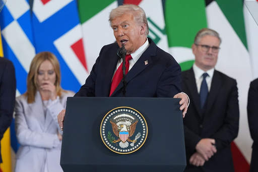 President Donald Trump speaks during a summit to support ending the more than two-year Israel-Hamas war in Gaza after a breakthrough ceasefire deal, Monday, Oct. 13, 2025, in Sharm El Sheikh, Egypt, as Italy's Prime Minister Giorgia Meloni and Britain's Prime Minister Keir Starmer listen. (AP Photo/Evan Vucci) President Donald Trump speaks during a summit to support ending the more than two-year Israel-Hamas war in Gaza after a breakthrough ceasefire deal, Monday, Oct. 13, 2025, in Sharm El Sheikh, Egypt, as Italy's Prime Minister Giorgia Meloni and Britain's Prime Minister Keir Starmer listen. (AP Photo/Evan Vucci)