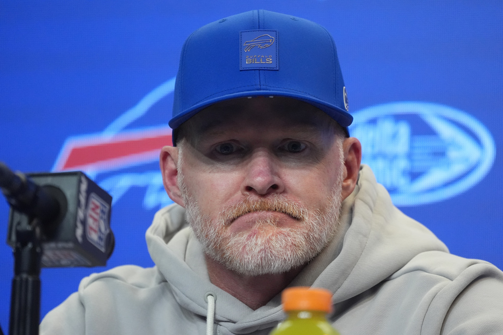 Buffalo Bills head coach Sean McDermott talks to the media following an NFL football game against the New England Patriots, Sunday, Sept. 5, 2025, in Orchard Park, N.Y. (AP Photo/Gene J. Puskar)