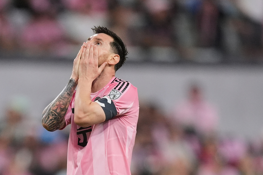 Inter Miami forward Lionel Messi (10) reacts during the first half of an MLS soccer match against Austin FC, Saturday, April 4, 2026, in Miami. (AP Photo/Rebecca Blackwell)
