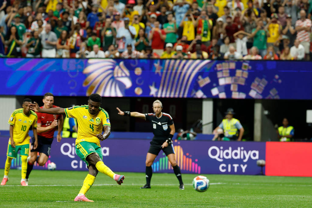 South Africa's Teboho Mokoena scores a penalty, his side's first goal during the World Cup Group A soccer match between Czechia and South Africa in Atlanta, Thursday, June 18, 2026. (AP Photo/Erik S. Lesser)