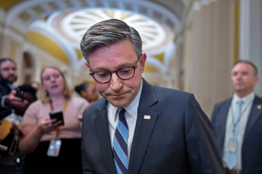Speaker of the House Mike Johnson, R-La., pauses after talking to reporters following a closed-door Senate Republican strategy luncheon as the government shutdown heads toward a second week, at the Capitol in Washington, Tuesday, Oct. 7, 2025. (AP Photo/J. Scott Applewhite)