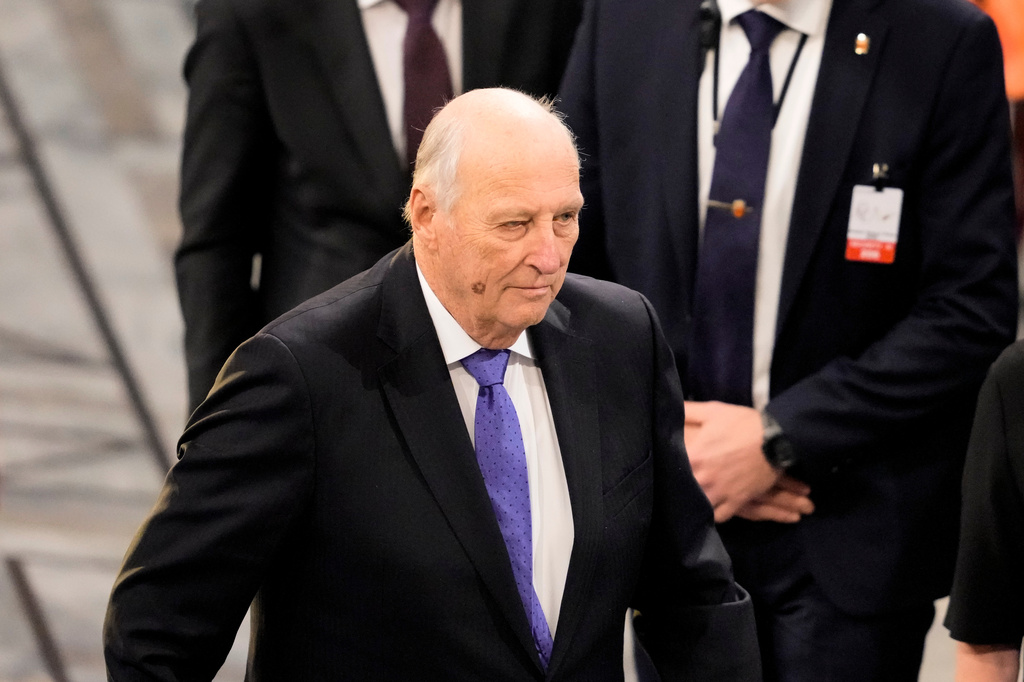 FILE - Norway's King Harald, centre, leaves the hall after the Nobel Peace Prize ceremony at Oslo City Hall, Norway, on Dec. 10, 2022. (AP Photo/Markus Schreiber, File)