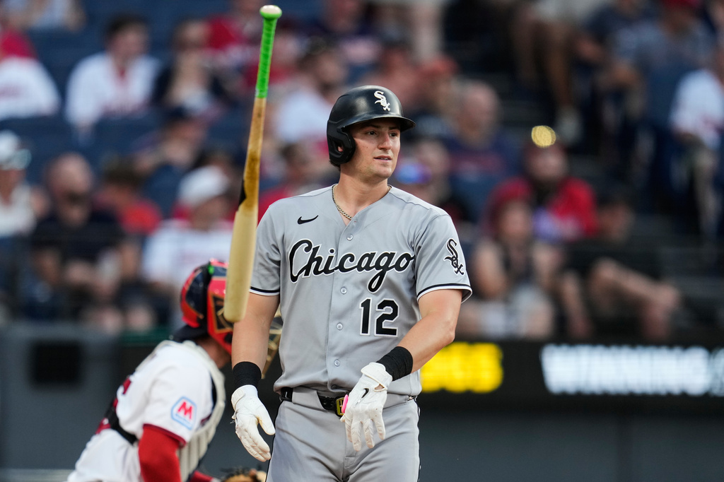 Chicago White Sox's Colson Montgomery (12) tosses his bat after striking out in the fifth inning of a baseball game against the Cleveland Guardians in Cleveland, Thursday, July 2, 2026. (AP Photo/Sue Ogrocki)