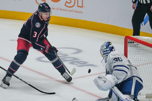 Columbus Blue Jackets' Charlie Coyle (3) shoots on Toronto Maple Leafs goaltender Cayden Primeau (30) in the first period of an NHL hockey game in Columbus, Wednesday, Oct. 29, 2025. (AP Photo/Sue Ogrocki) Columbus Blue Jackets' Charlie Coyle (3) shoots on Toronto Maple Leafs goaltender Cayden Primeau (30) in the first period of an NHL hockey game in Columbus, Wednesday, Oct. 29, 2025. (AP Photo/Sue Ogrocki)