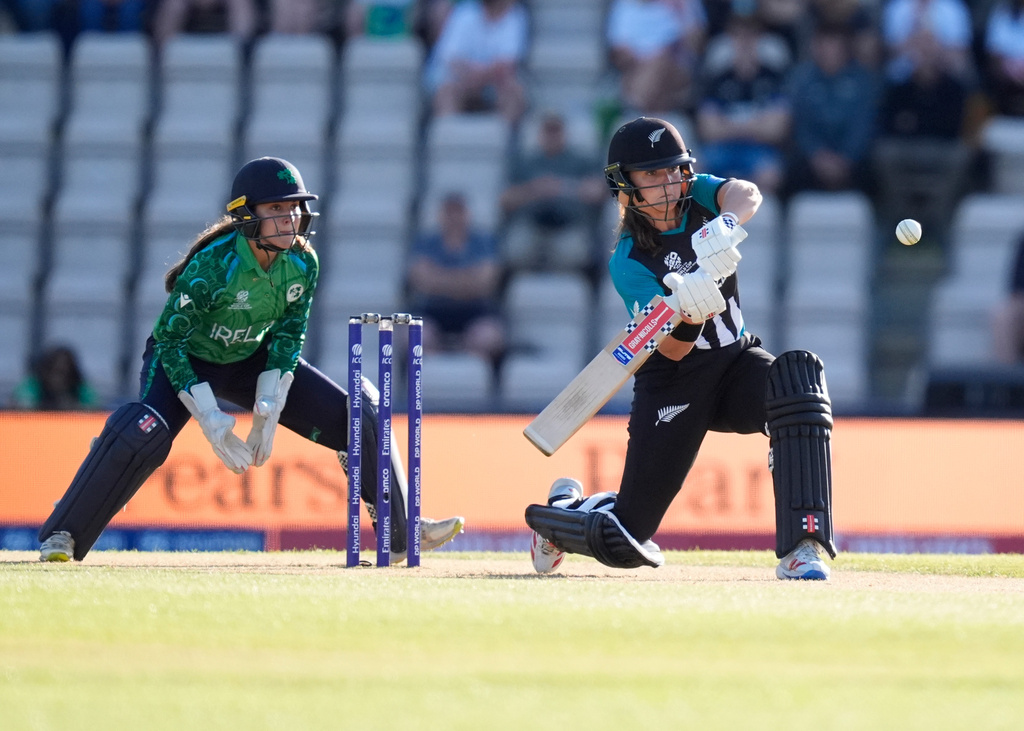 New Zealand's Melie Kerr hits the ball during the ICC Women's T20 World Cup match between Ireland and New Zealand in Southampton, England, Friday, June 19, 2026. (Andrew Matthews/PA via AP)