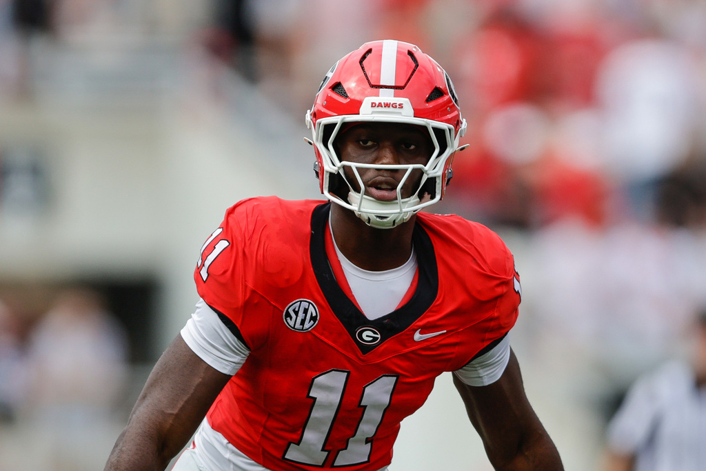 FILE - Georgia outside linebacker Darren Ikinnagbon (11) defends during the second half of an NCAA football game against Kentucky on Saturday, Oct. 4, 2025 in Athens, Ga. (AP Photo/Stew Milne, File_