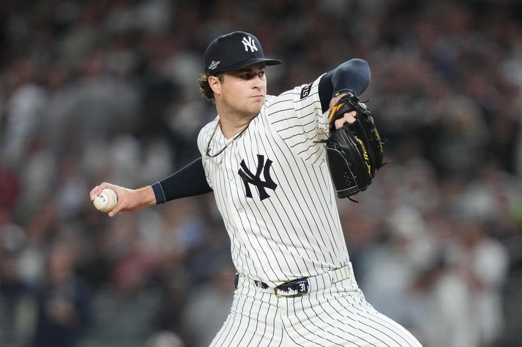 New York Yankees starting pitcher Cam Schlittler throws to the Boston Red Sox during the first inning in Game 1 of baseball's American League Wild Card Series, Tuesday, Sept. 29, 2026, in New York. (AP Photo/Frank Franklin II)