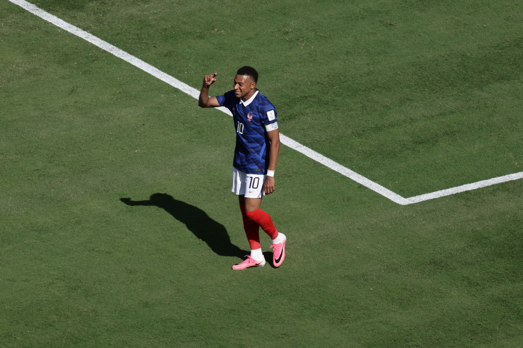 France's Kylian Mbappe reacts during the World Cup Group I soccer match between France and Senegal in East Rutherford, N.J., near New York, Tuesday, June 16, 2026. (AP Photo/Adam Hunger)