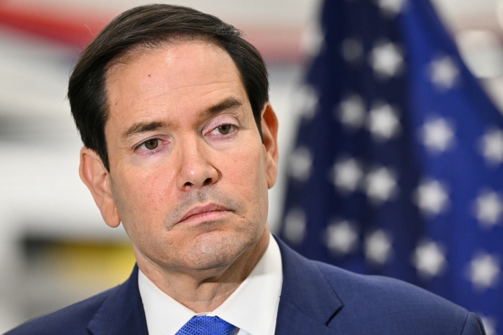 U.S. Secretary of State Marco Rubio speaks to traveling journalists at the John C. Munro Hamilton International Airport in Hamilton, Ontario, Canada, on Nov. 12, 2025 after the G7 foreign ministers meeting. (Mandel Ngan/Pool Photo via AP)