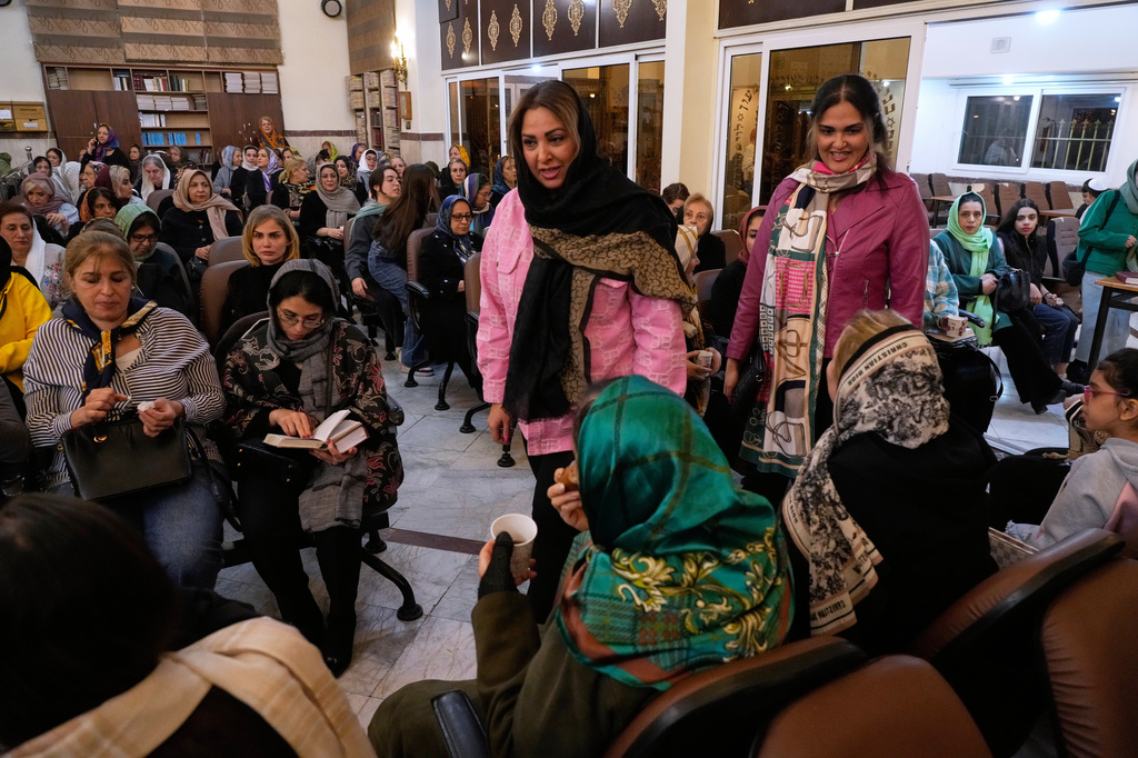 Iranian Jews attend a memorial for the slain Iranian Supreme Leader Ayatollah Ali Khamenei and other victims, who were killed in the U.S. and Israel strikes, at Yousefabad Synagogue, in Tehran, Iran, Thursday, April 16, 2026. (AP Photo/Vahid Salemi)