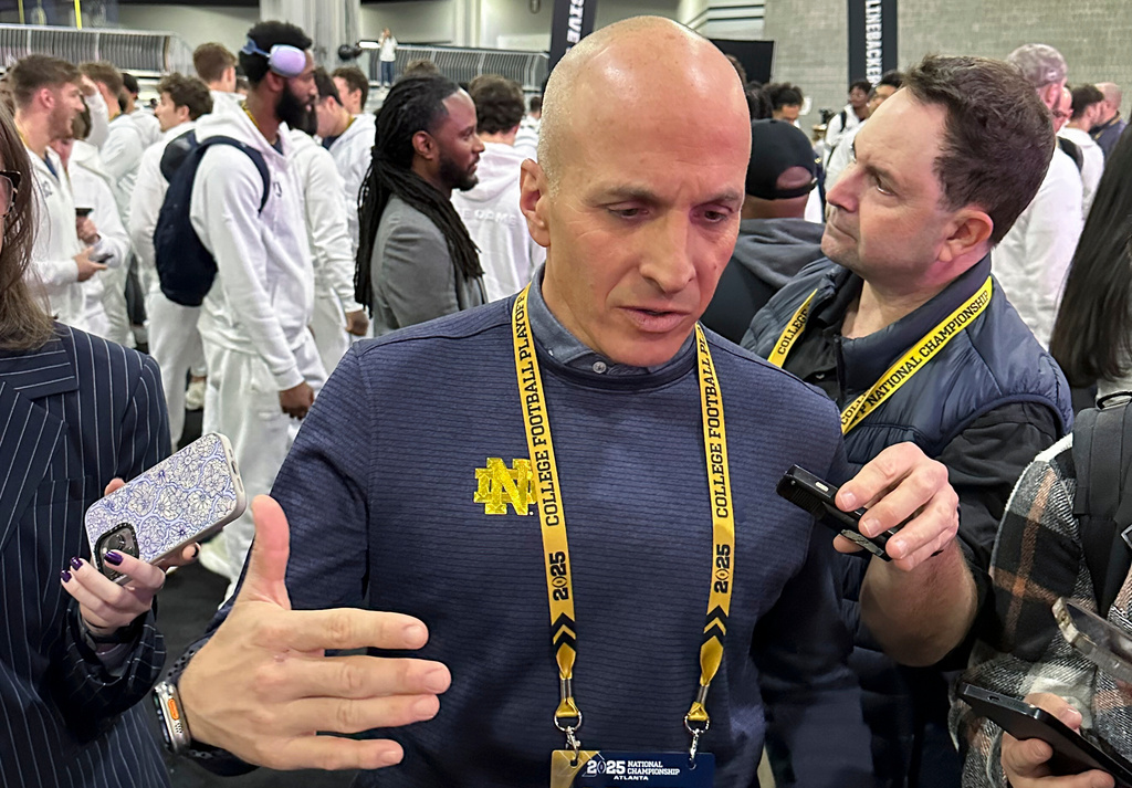 FILE - Notre Dame Athletic Director Pete Bevacqua talks during media day ahead of the College Football Playoff national championship game between Ohio State and Notre Dame Jan. 18, 2025, in Atlanta. (AP Photo/Eddie Pells, File)