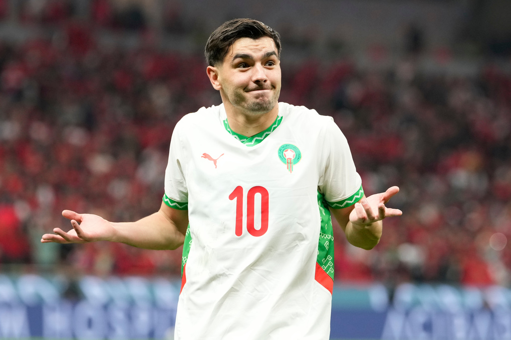 Morocco's Brahim Abdelkader Díaz celebrates after scoring his side's opening goal during the Africa Cup of Nations quarterfinal soccer match between Cameroon and Morocco, in Rabat, Morocco, Friday, Jan. 9, 2026. (AP Photo/Mosa'ab Elshamy)
