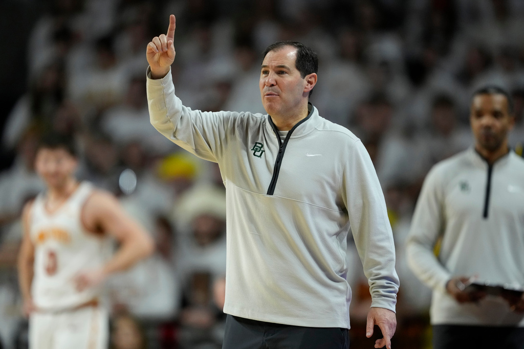 Baylor head coach Scott Drew directs his team during the first half of an NCAA college basketball game against Iowa State, Saturday, Feb. 7, 2026, in Ames, Iowa. (AP Photo/Charlie Neibergall)