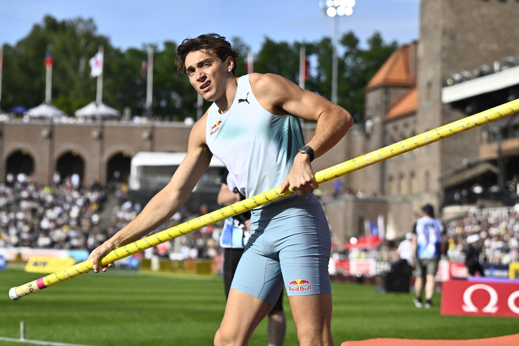 Sweden's Armand Duplantis during the men's pole vault competition at the IAAF Diamond League athletics meeting in Stockholm, Sweden, Sunday, June 7, 2026. (Christine Olsson/TT News Agency via AP)