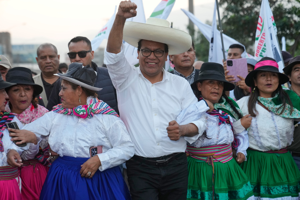 Presidential candidate Roberto Sanchez of Together for Peru party, arrives to meet with supporters in the Huaycan community in Lima, Peru, Saturday, May 9, 2026. (AP Photo/Martin Mejia)