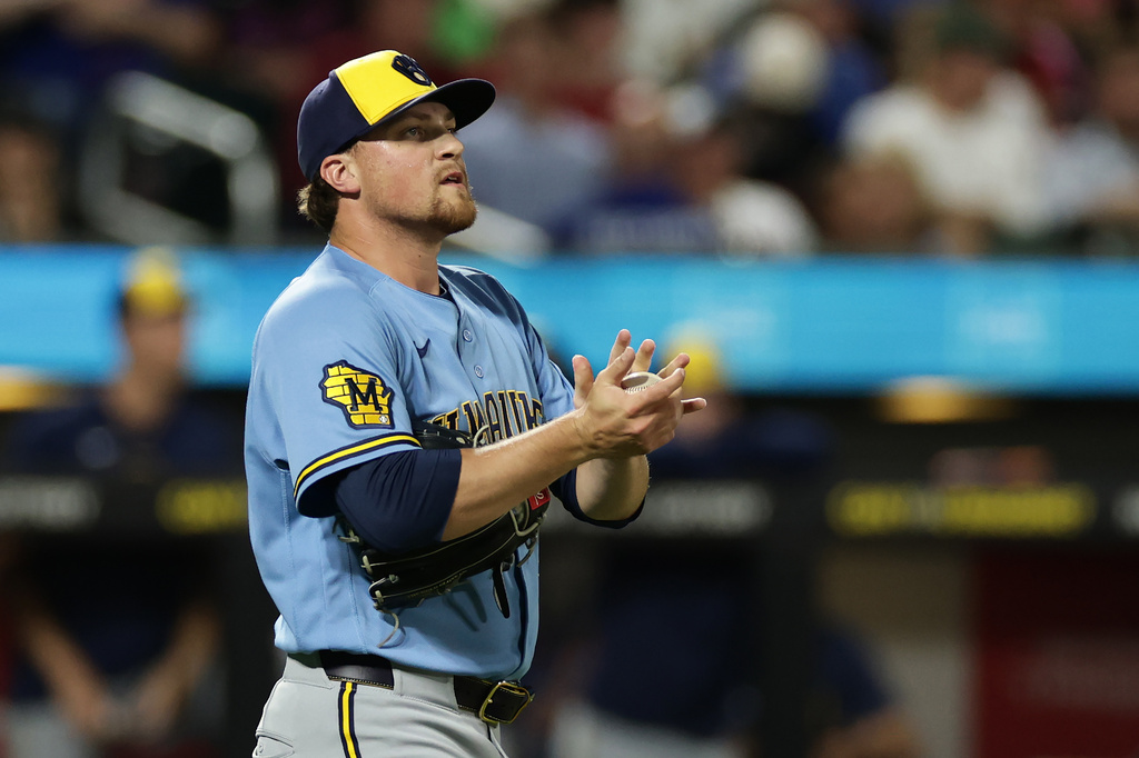 Milwaukee Brewers pitcher Chad Patrick reacts during the sixth inning of a baseball game against the New York Mets on Tuesday, Aug. 25, 2026, in New York. (AP Photo/Adam Hunger)