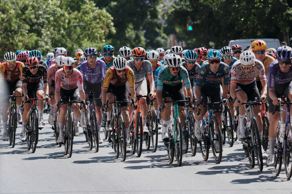 Cyclists ride during the 19th stage of the Spanish Vuelta cycling race, from Vélez-Málaga to Peñas Blancas in Estepona, Spain, Friday, Sept. 11, 2026. (AP Photo/Gregorio Marrero)