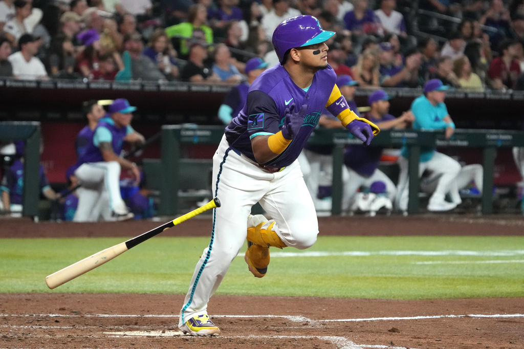 Arizona Diamondbacks' Gabriel Moreno hits a double against the St. Louis Cardinals in the fourth inning of a baseball game, Friday, July 17, 2026, in Phoenix. (AP Photo/Rick Scuteri)