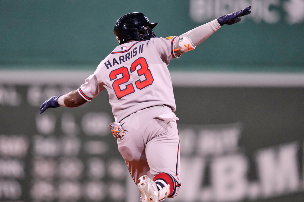Atlanta Braves' Michael Harris II celebrates while rounding the bases on his two-run home run during the eighth inning of a baseball game against the Boston Red Sox, Tuesday, May 26, 2026, in Boston. (AP Photo/Charles Krupa)