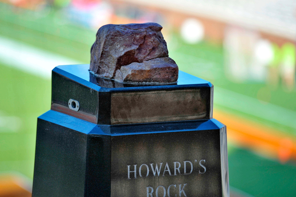 FILE - Howard's Rock, which Clemson football players traditionally touch before making their way down to the field prior to kickoff, is shown before the start of an NCAA college football game against South Carolina State in Clemson, S.C., Saturday, Sept. 6, 2014. (AP Photo/ Richard Shiro, File)