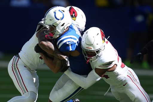 Indianapolis Colts wide receiver Josh Downs (1) runs against Arizona Cardinals safety Jalen Thompson (34) in the first half of an NFL football game, Sunday, Oct. 12, 2025, in Indianapolis, Ind. (AP Photo/Michael Conroy) Indianapolis Colts wide receiver Josh Downs (1) runs against Arizona Cardinals safety Jalen Thompson (34) in the first half of an NFL football game, Sunday, Oct. 12, 2025, in Indianapolis, Ind. (AP Photo/Michael Conroy)