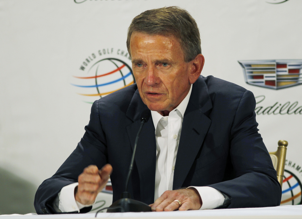 FILE - Tim Finchem, commissioner of the PGA Tour, speaks about the future of golf at the Trump National Doral golf course, March 6, 2016, in Doral, Fla. (AP Photo/Marta Lavandier, File)
