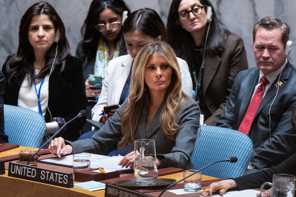 Melania Trump, first lady of the United States, presides over the United Nations Security Council at United Nations headquarters, Monday, March 2, 2026. (AP Photo/Angelina Katsanis)