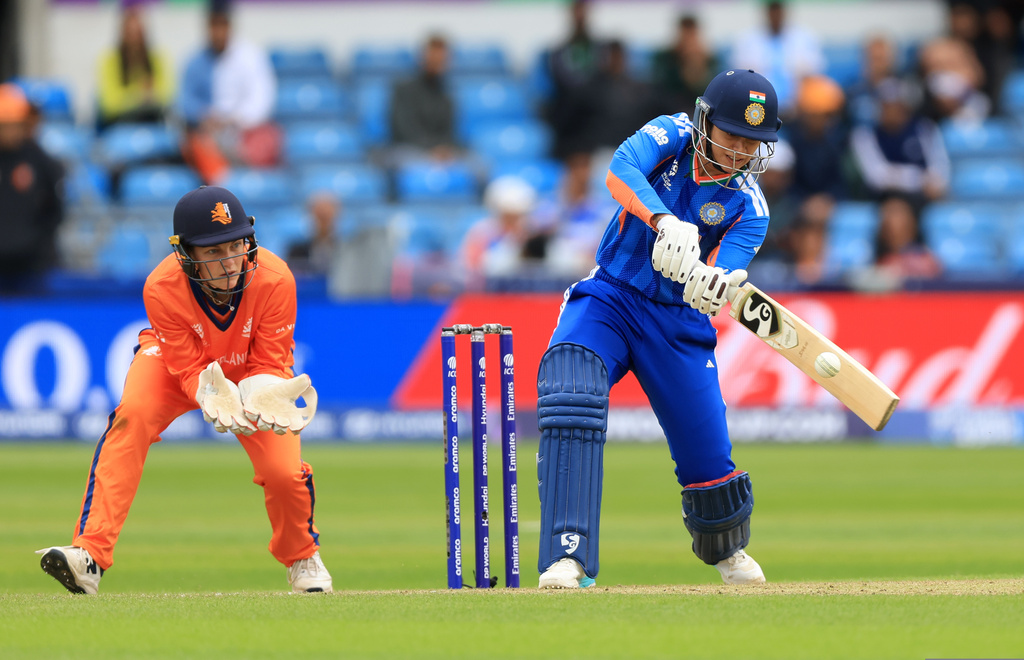 India's Smriti Mandhana bats during the Women's T20 World Cup cricket match between India and the Netherlands in Leeds, England, Wednesday, June 17, 2026.(Nigel French/PA via AP)