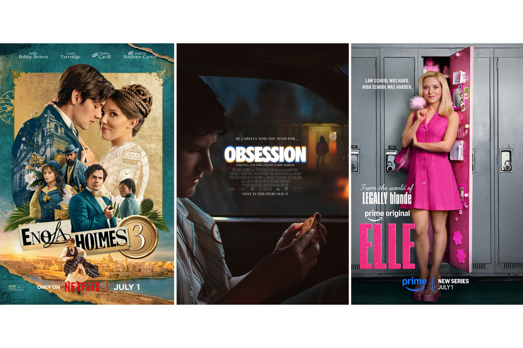 This combination of images shows promotional art for the film, "Enola Holmes 3," left, the film "Obsession," center, and the series "Elle." (Netflix/Focus Features/Prime via AP)