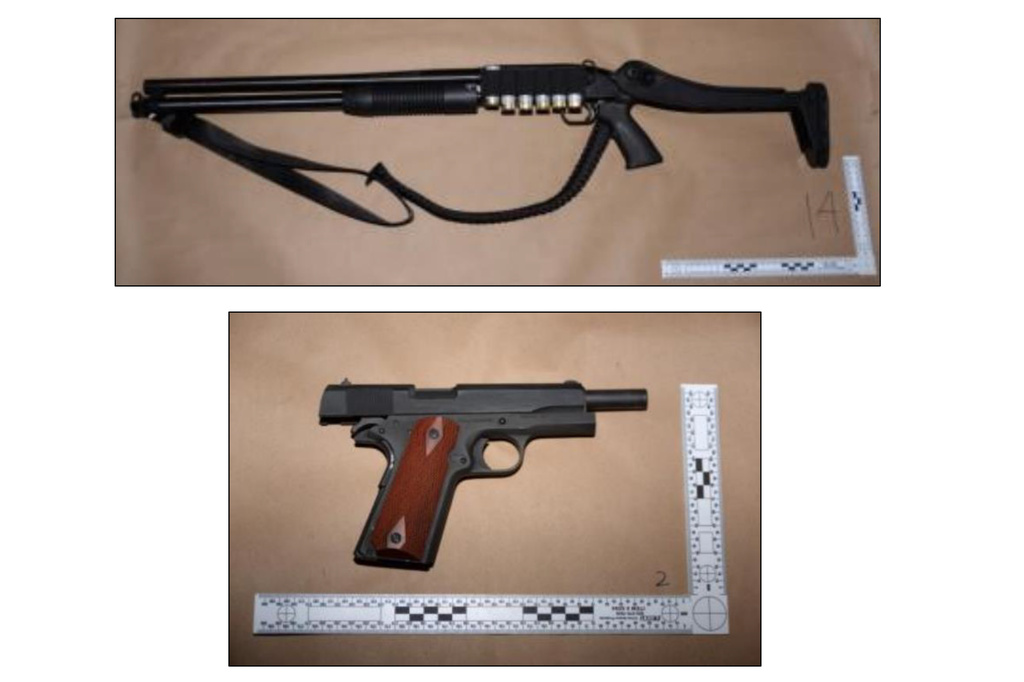 This image contained in a court filing by the Department of Justice, April 29, 2026, shows some of the weapons and shotgun ammunition that Cole Tomas Allen possessed, Saturday, April 25, 2026 in Washington. (Department of Justice via AP)