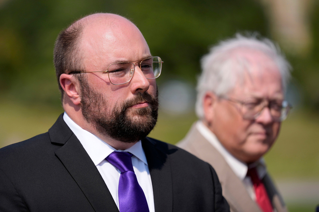 FILE - Iowa Libertarian congressional candidates Marco Battaglia, left, and Charles Aldrich speak to reporters after a hearing before the Iowa Supreme Court, Sept. 10, 2024, in Des Moines, Iowa. (AP Photo/Charlie Neibergall, File)