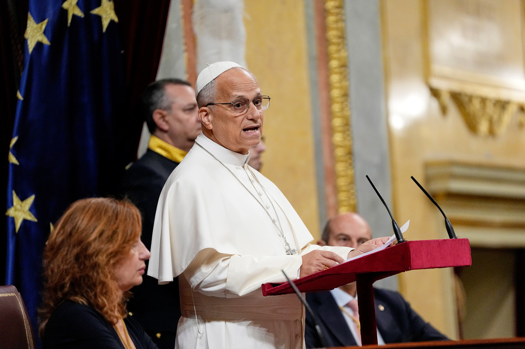 Pope Leo XIV delivers his speech as he meets with members of the Spanish Parliament at the Congress of Deputies, in Madrid, Monday, June 8, 2026. (AP Photo/Alessandra Tarantino)
