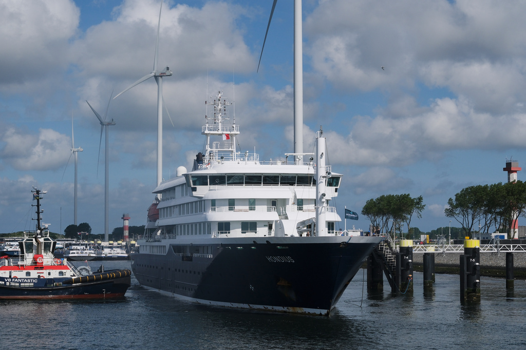 The MV Hondius cruise ship arrives at the Port of Rotterdam, Netherlands, Monday, May 18, 2026. (AP Photo/Patrick Post)